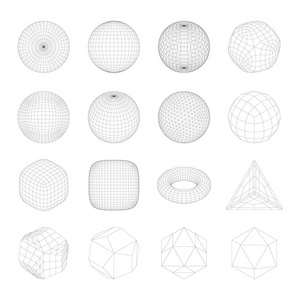 线框网格对象。 网络线路HUD设计球体。 抽象3D图标设置。 孤立于白色背景