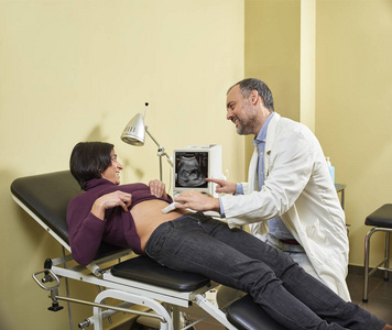 一位微笑的妇科医生在一位快乐的四十岁西班牙裔孕妇身上做超声扫描程序，用医学超声扫描仪监测婴儿的健康。