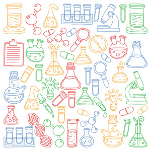 化学的向量集合, 科学图标。带有实验室设备图像的图案