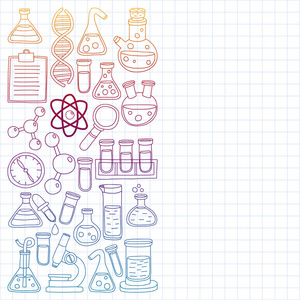 化学的向量集合, 科学图标。带有实验室设备图像的图案