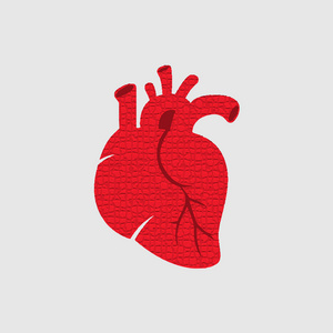 红色人体心脏插图在新的时尚平面风格的灰色背景。 马赛克效应。 eps10