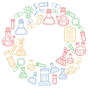 化学的向量集合, 科学图标。带有实验室设备图像的图案