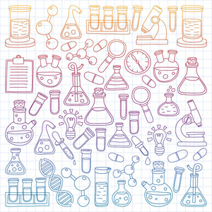 化学的向量集合, 科学图标。带有实验室设备图像的图案