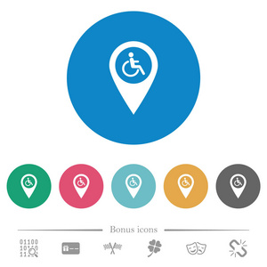 残疾无障碍GPS地图位置平面白色图标在圆形颜色背景。 包括6个奖金图标。