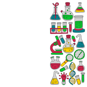 化学的向量集合, 科学图标。带有实验室设备图像的图案