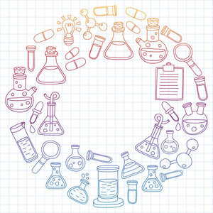 化学的向量集合, 科学图标。带有实验室设备图像的图案