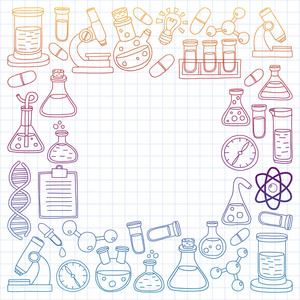 化学的向量集合, 科学图标。带有实验室设备图像的图案