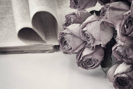 老式风格的干玫瑰旧书花束黑白