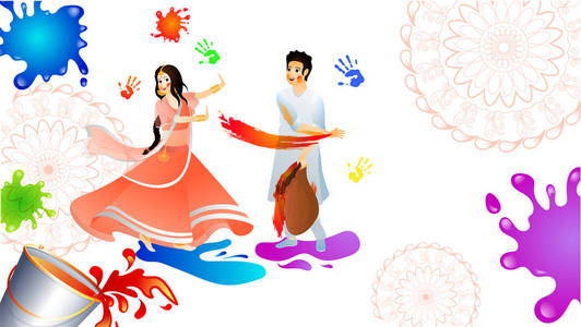 年轻夫妇一起玩霍利在彩色飞溅背景装饰花。 霍利节庆祝海报或横幅设计。