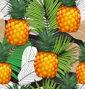 热带植物背景上的菠萝。 矢量无缝图案。