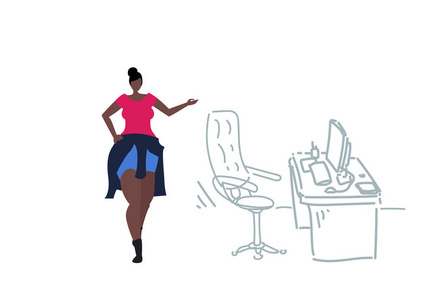 非洲裔美国女商人指着现代职场女老板或秘书卡通人物全长办公室内部素描涂鸦水平