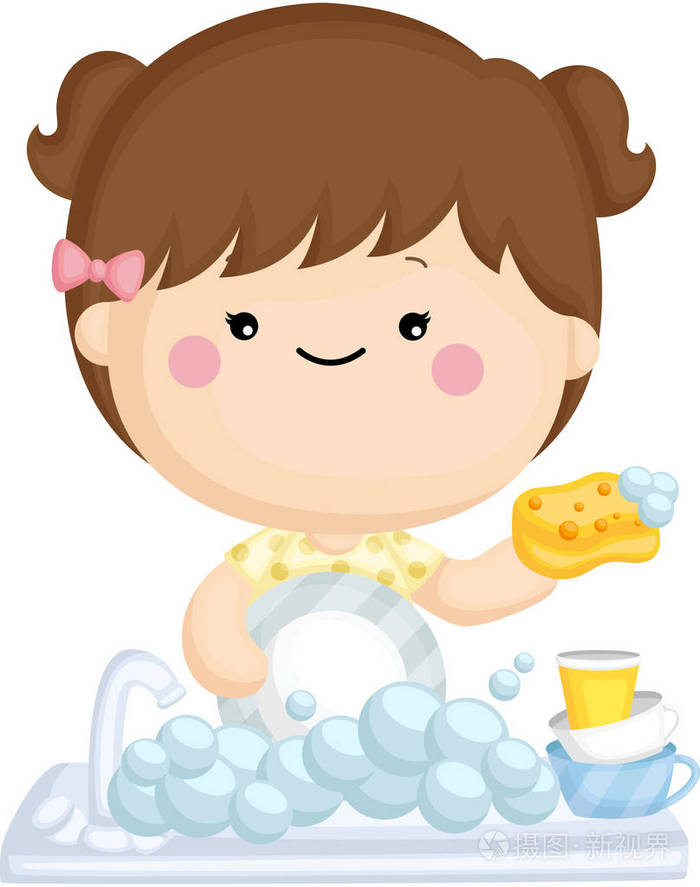 一组可爱的小女孩洗碗的矢量