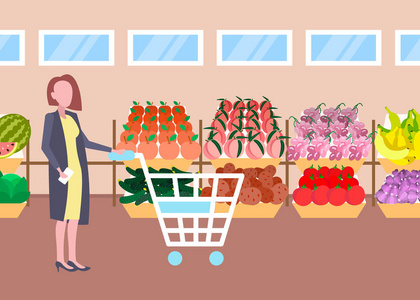 顾客妇女拿着手推车买新鲜有机水果蔬菜现代超市购物商场内部女性卡通