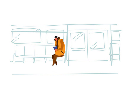 休闲男地铁乘客坐地铁列车阅读书室内景观公共地下城市交通概念男性卡通人物素描涂鸦水平