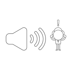 矢量插图概念商人性格与声音符号和关闭耳朵. 黑色轮廓.照片
