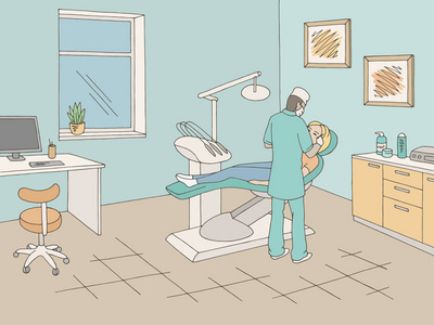 牙医办公室诊所图形颜色草图内部插图向量健康概念:墙上的疾病背景