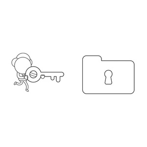 矢量插图概念商人字符运行和携带钥匙孔锁定或解锁文件夹。黑色轮廓。