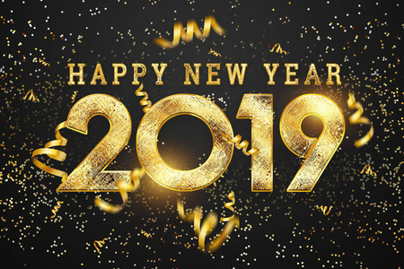 创意背景2019年新年快乐。 贺卡的黄金号码设计。 金色的闪光图案。 新年快乐横幅与2019年数字在黑暗的背景。 纸屑复制空间。