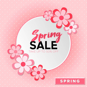 春季销售日 多达50的折扣。 粉红色背景上有花的矢量刻字插图。 妇女和母亲节插图