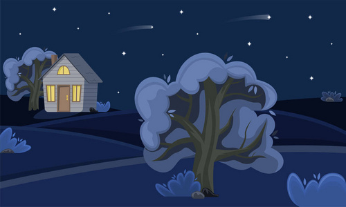 夜晚的春天乡村景观. 夏日田野. 星空. 平面卡通风格.照片