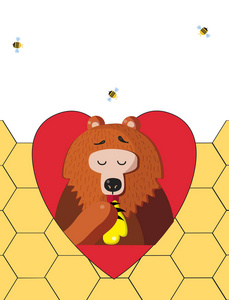 可爱的卡通插图熊角色吃蜂蜜从爪子内的红心和蜜蜂周围的蜂窝背景与复制空间。 情人节贺卡模板