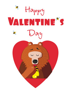 快乐情人节贺卡可爱卡通熊插图人物吃蜂蜜在红心和蜜蜂周围的白色背景。 坠入爱河。 情人节贺卡