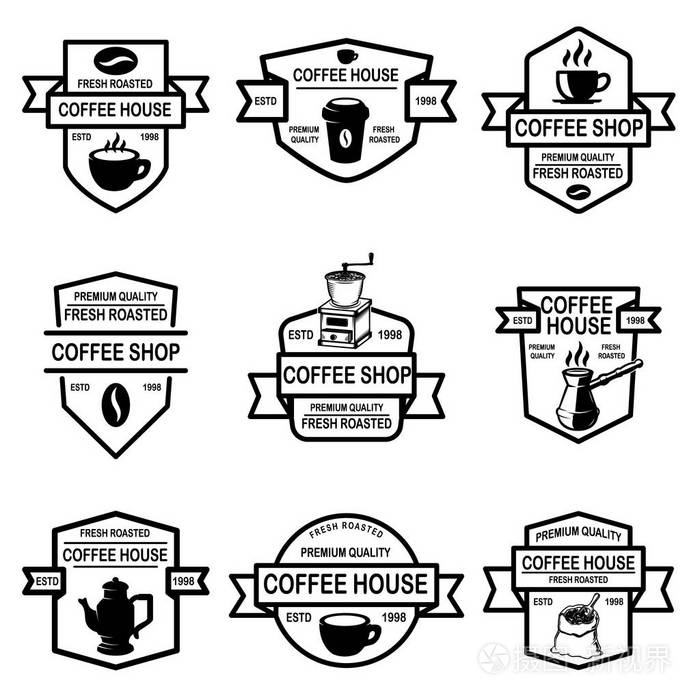 一套咖啡店徽章。 标志标签标志徽章的设计元素。 矢量插图