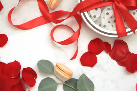 s day, gift, box with bow, macaroon, red ribbon, eucalyptus