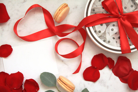 s day, gift, box with bow, macaroon, red ribbon, eucalyptus