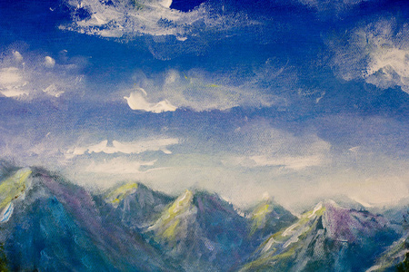 翻山越岭油画. 蓝天翻山越岭,山景秀丽. 墙壁装饰的艺术版画.