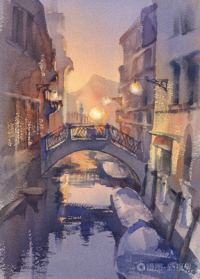 威尼斯夜晚灯光水彩景观. 桥下有贡多拉斯的运河. 黄昏的颜色