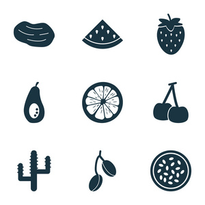 食物图标设置与马拉库亚, 樱桃, 甜瓜和其他莫雷洛元素。被隔绝的向量例证食物图标