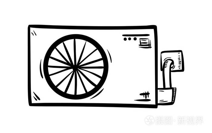 手绘空调涂鸦图标. 手绘黑色素描. 符号符号. 装饰元素. 白色背景.