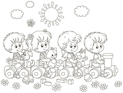 在公园操场上玩玩具火车的小孩黑白矢量插图,一本彩色书的卡通样式