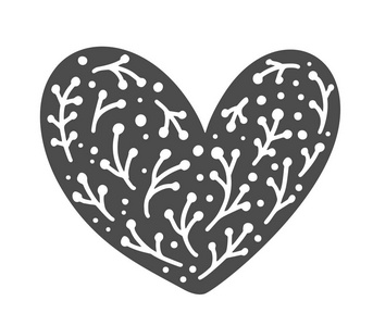 手绘斯堪的纳维亚维林廷日心脏与装饰蓬勃发展的图标剪影。矢量简单轮廓情人节符号。用于 web婚礼和打印的独立设计元素