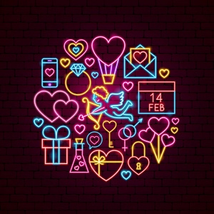 情人节霓虹灯概念粉红色的水彩贺卡与可爱的手绘元素情人节无缝图案与