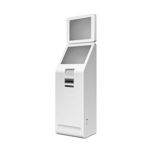 户外白色。付款终端。Atm, Pos, 广告站在白色背景。3d. 模拟, 模板。在白色背景上隔离的插图。矢量 Eps10