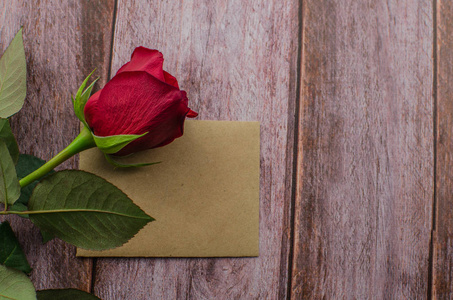 红玫瑰和情人节的心在木头上。 文本复制空间