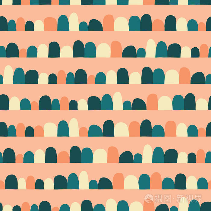 抽象无缝向量背景水平排列弧线半圆珊瑚黄色蓝色茶色现代几何图案与半