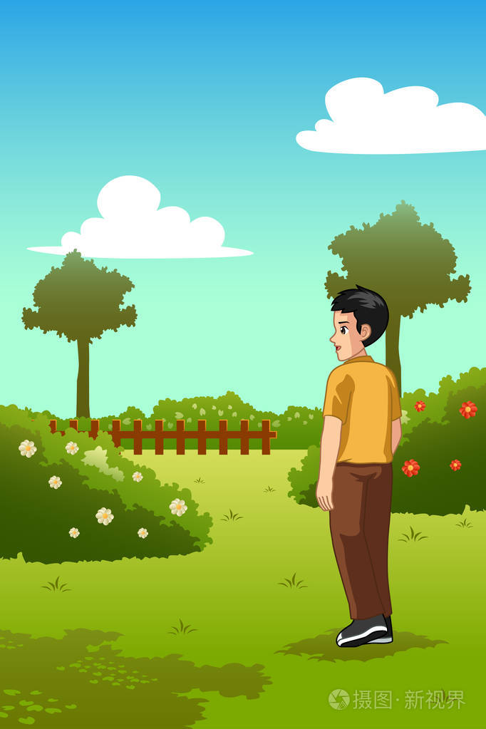 站在室外花园里的人的矢量图