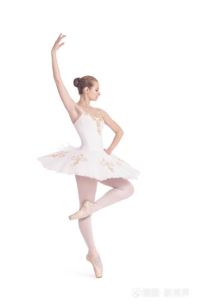 穿白色芭蕾舞裙的女孩. 演播室拍摄的白色背景孤立图像.
