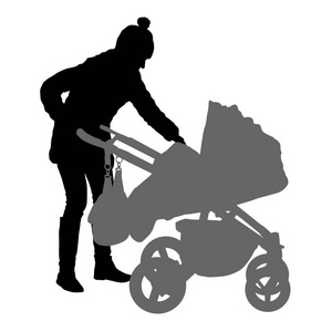 剪影步行的母亲与婴儿车在白色背景