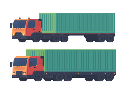 两辆卡车配一辆半挂车和海运集装箱，用于运送货物..后勤服务。矢量平面插图孤立的白色。