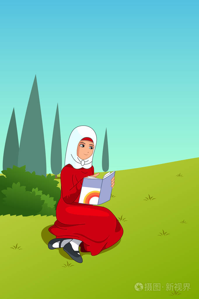 《穆斯林女孩在户外读书》的矢量插图
