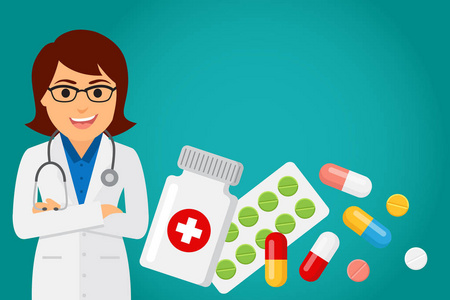 医生职业特征与药物的保健. 矢量图.照片