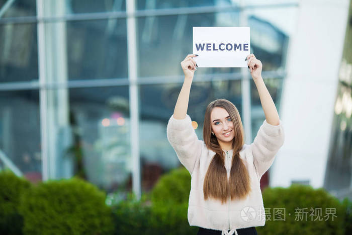 妇女业务与海报与欢迎消息