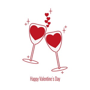 情人节图标集。两个酒杯与红酒的形状的心, 星星和心脏的装饰。2月14日卡片海报网站传单设计盛宴要点