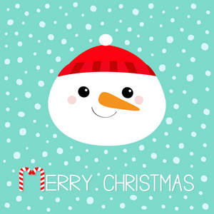 圣诞快乐。 雪人圆脸头图标。 胡萝卜鼻子红帽子。 可爱的卡通有趣的卡瓦伊人物。 新年快乐。 蓝色冬天的雪背景。 贺卡。 平面设计