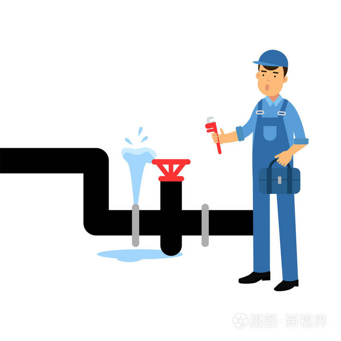 专业水管工字符与可调扳手修理管道向量例证