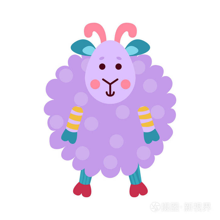 可爱的卡通紫羊动物玩具彩色矢量插图婴儿衣服打印问候和邀请卡婴儿